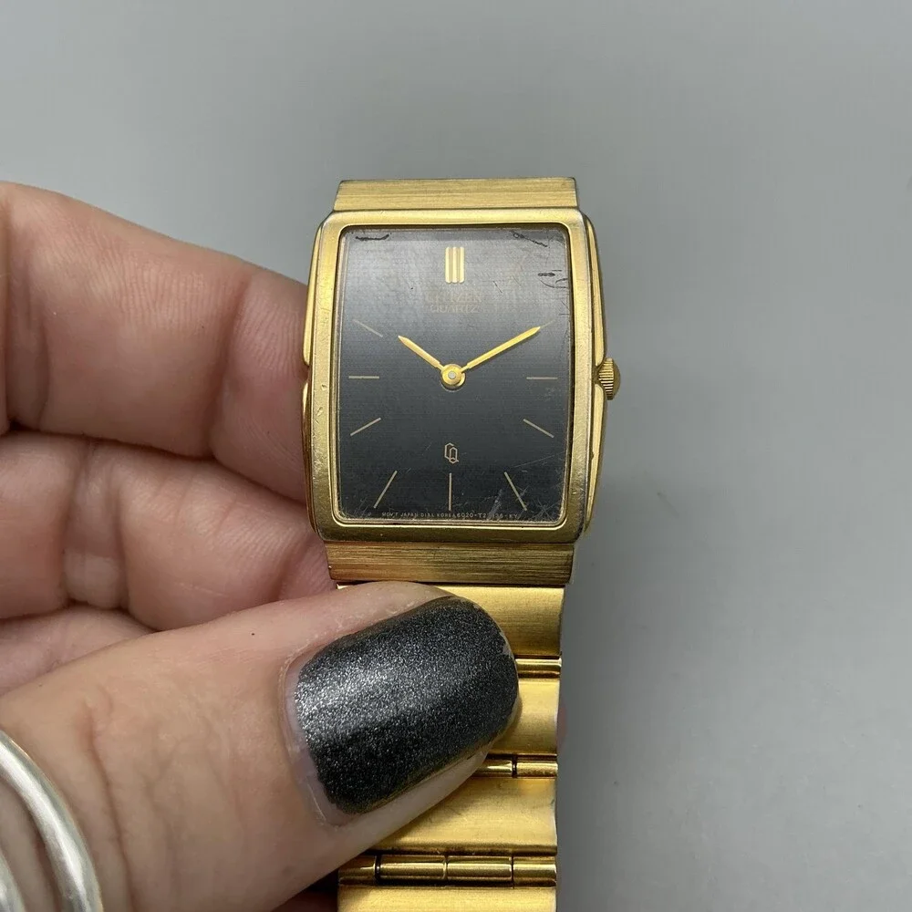 Vintage Citizen 6020 Mens Watch 25mm Black Dial Gold Tone Bracelet For Parts